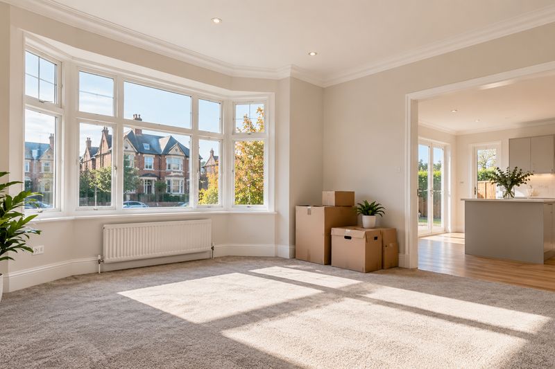 Clean empty living room with a few moving boxes